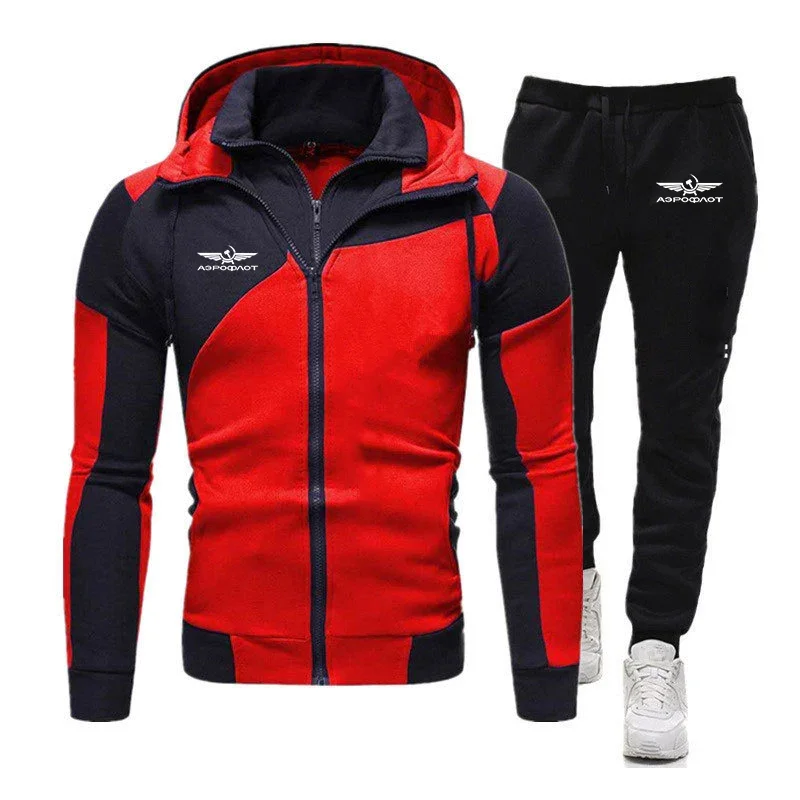 

2024 Aeroflot Aviation Russe Pilote Aerospace Men's New CCCP Patchwork Double Zipper Hoodies Coat+Solid Color Sports Trouser Set