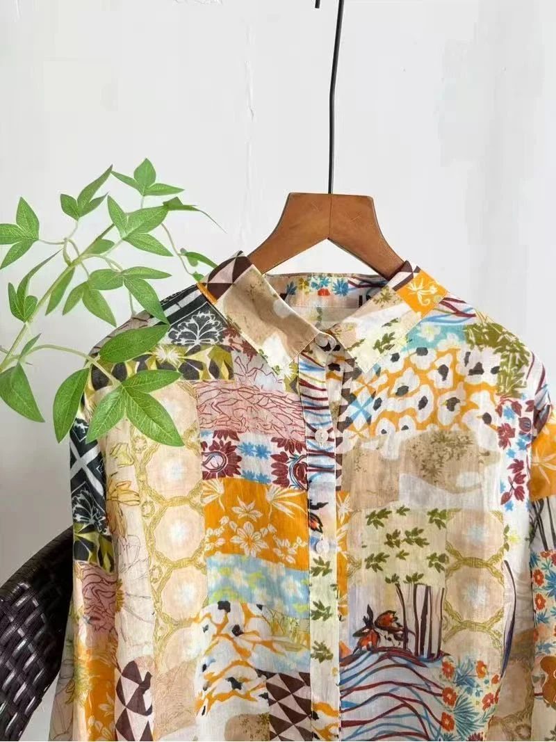 2026 Retro Bohemian-style 100% ramie linen long-sleeved shirt with colorful floral patterns for women  hippie boho blouses