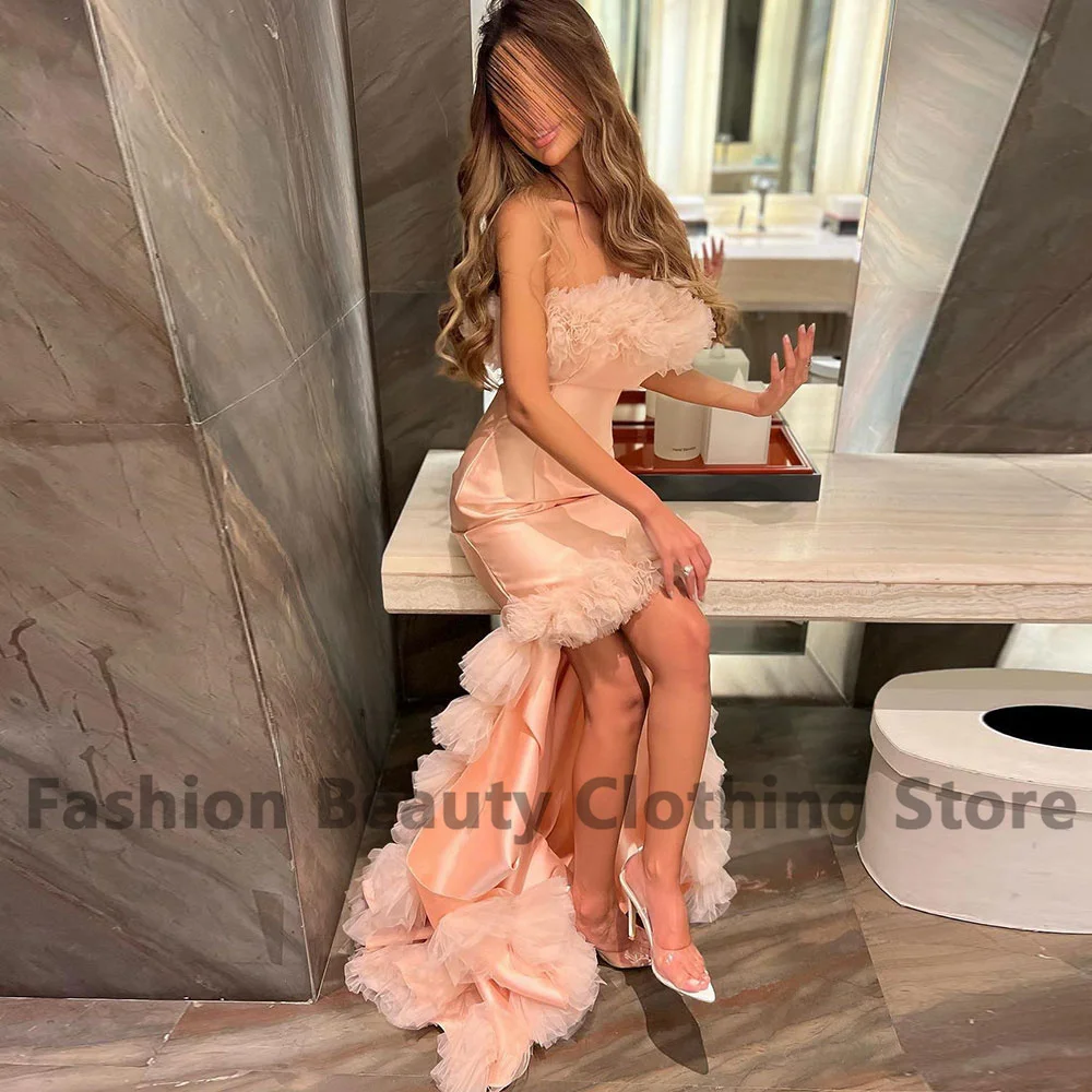 Fashion Satin Prom Dress Strapless Draped Ruffles Hi-Lo Saudi Arabian Women's Backless Court Train Vintage Robes De Soirée Dubaï