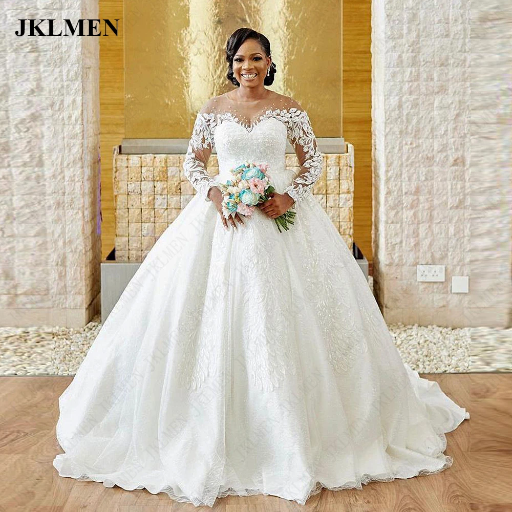 

Illusion Scoop Neckline Lace Appliques Long Sleeves Satin Wedding Dress Corset Bridal Ball Gown Vestidos De Novia Custom Made