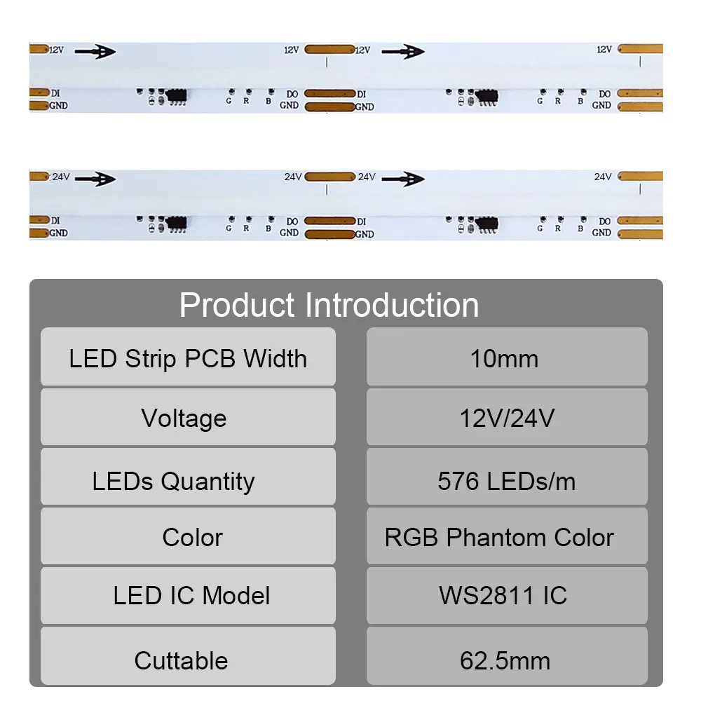 Inteligente Endereçável Sonho Cor Cheia COB Luzes de Tira LED, Alto Brilhante, Flexível RGBIC Pixel, FCOB, DC 12V, 24V, WS2811