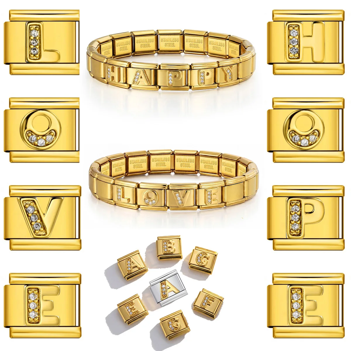 New Fashion Gold Colour A-Z 26 English Letters Italian Charm Links Fit 9mm Stainless Steel Bracelet Making Women Men Jewelry