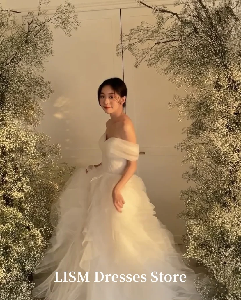 LISM Off Shoulder Fairy Korea Wedding Dresses A-Line Customized Silk Tulle Long Elegant Bridal Gowns 결혼식 드레 Photo Shoot