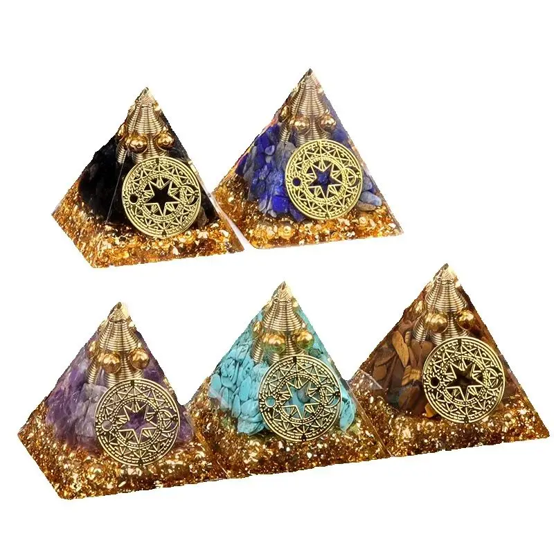 

Crystal Stone Pyramid Ornament Natural Amethyst Gold Obsidian Energy Stone Pyramid Healing Reiki Home Decoration 6x6cm