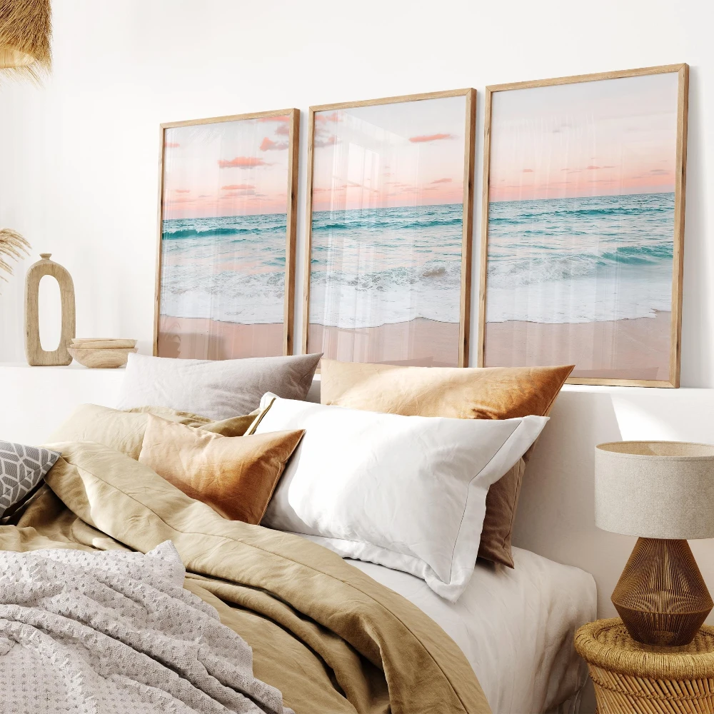 3pcs  frameless Pastel Beach Canvas Prints Set of 3 Printable Coastal Wall Art Decor Ocean Wave Poster Tropical Printable Wall A