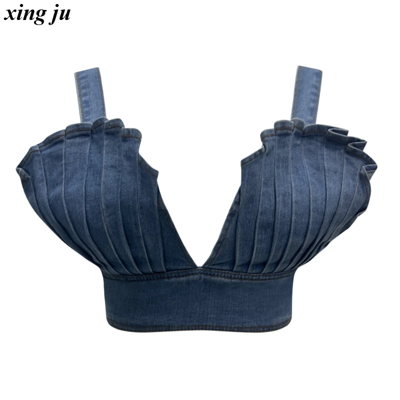 

Xing Ju Nightclub Girl Blue Ruffles Corset Crop Tops Women Jazz Dance Costume Summer Sexy Deep V-neck Denim Vest Stage Show Wear