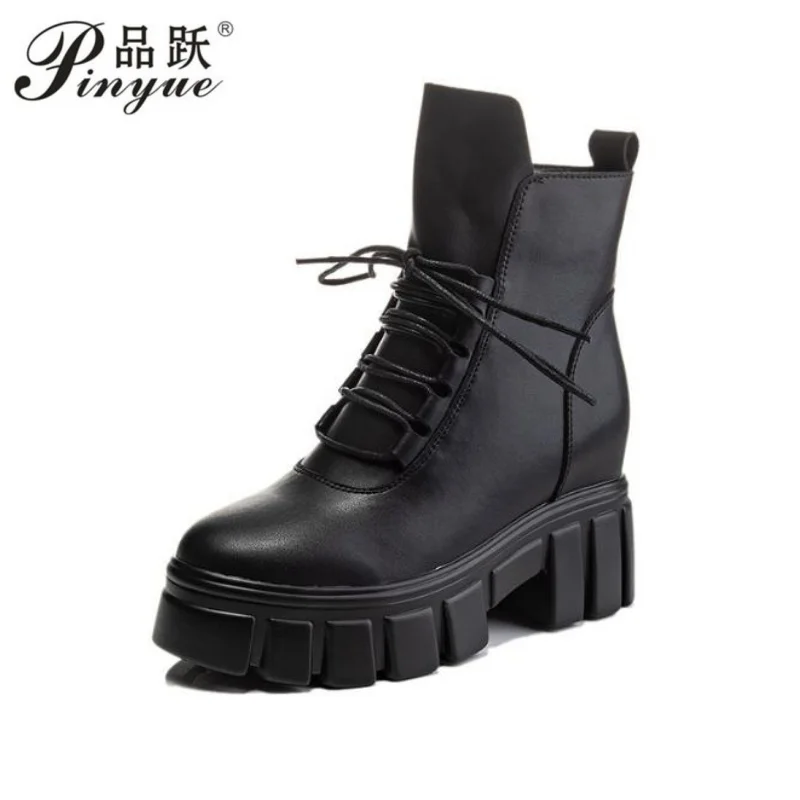 

Women Genuine Leather High 8cm Thick-Soled British Style Punk Female Thick Bottom Boots Thick Heeled Casual Ankle Boots