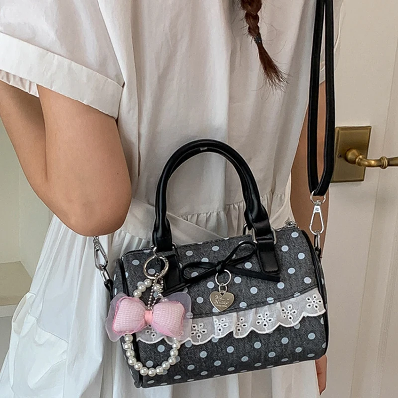 Koreanische Polka Dot Bowknot Patchwork Hobo Umhängetasche, Damenhandtasche, vielseitige, leichte, kleine quadratische Tragetasche für den Arbeitsweg – Detail 18