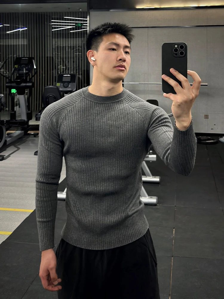 

Мужской свитер Deep Grey American Stripe, зимний, утепленный, вязаный, для фитнеса, приталенный, базовый, в стиле Cleanfit, с длинным рукавом