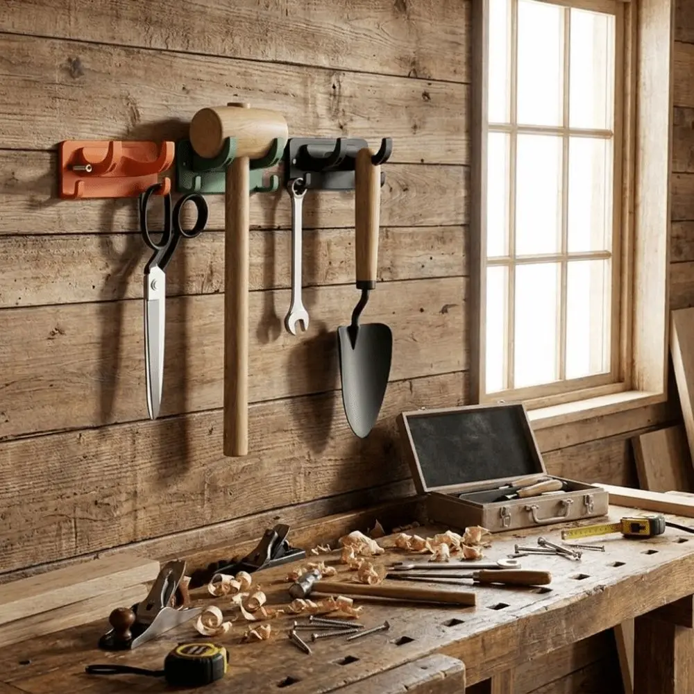 Wall Mounted Garden Tool Holder No Drill Multifunctional Wall Tool Rack Space Saving Integrated Hooks Tool Storage Hook