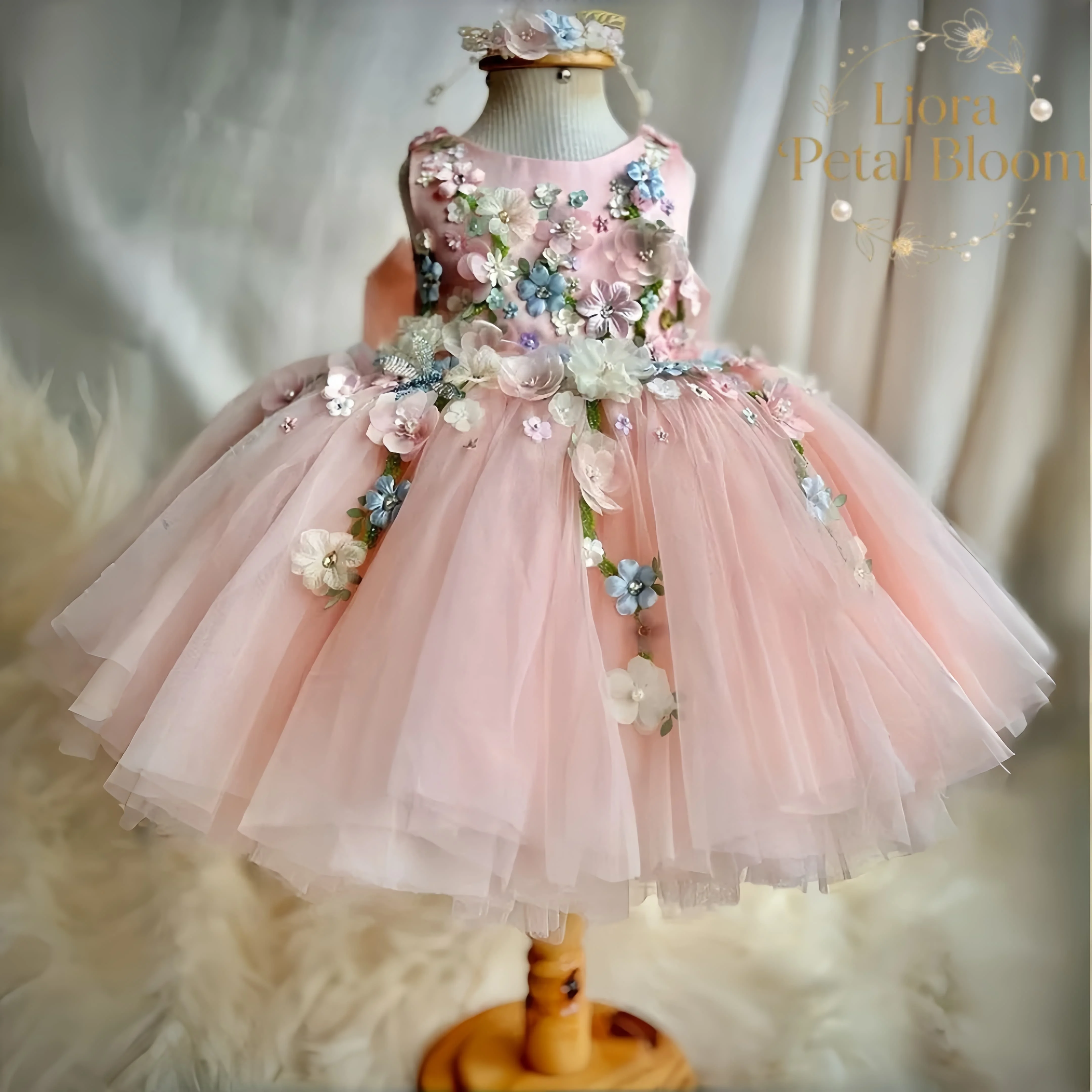 

Girls' Pink Dress With Floral Embellishments Girls' Elaborate Formal Gown Short Flower Girl Dress Flower Girl Attire