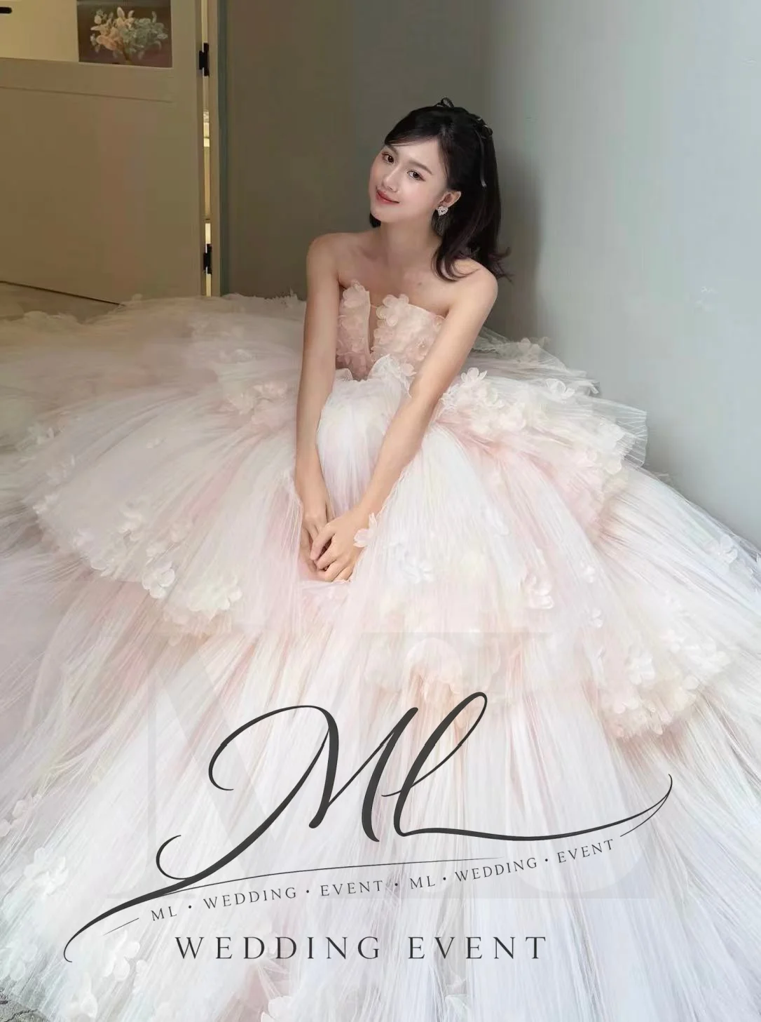 

ML Charming Wedding Dress Strapless Tiered Floral Light Pink Tulle Korea Photo shoot Ball Gown Custom Made vestidos de novia