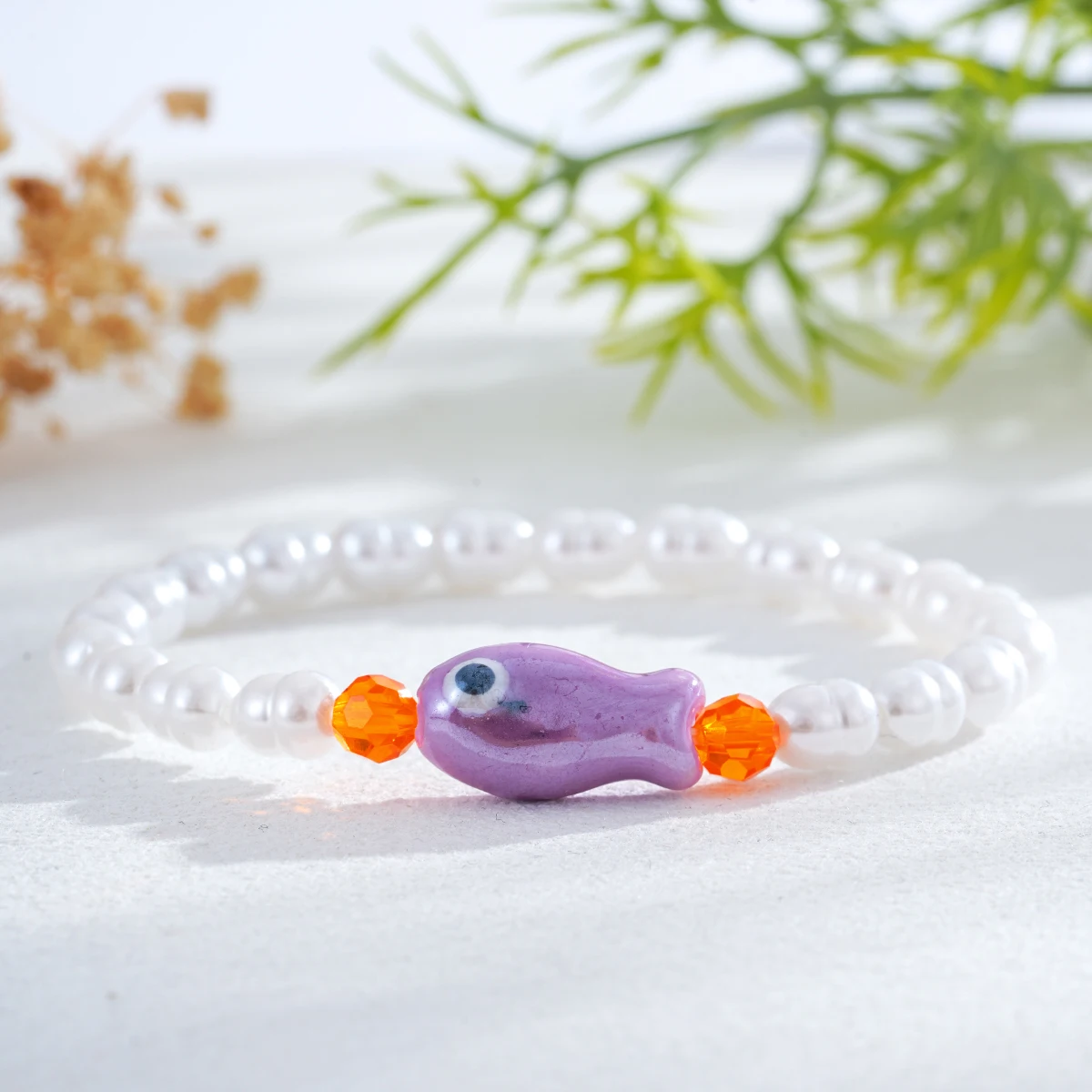 

1 PC Cute Purple Glass Beaded Bracelet with Ceramic Fish Charm for Girls Handmade Summer Stretch Jewelry Accessories Gift
