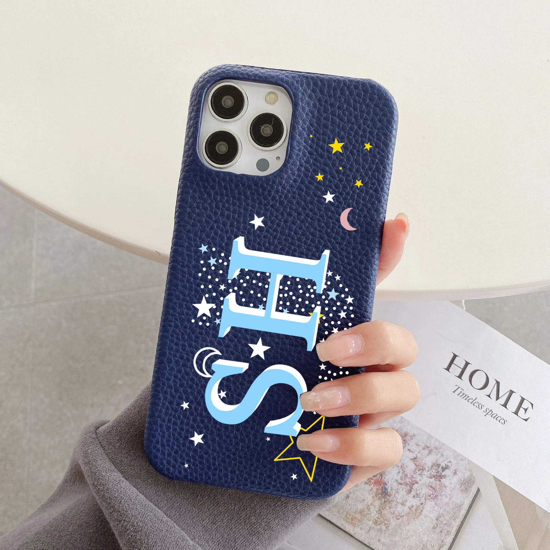 Personalised Customized MOONS AND STARS PERSONALISED LEATHER CASE For iPhone 16 15 14 13 12 11 Pro Max Initials Letters Cover