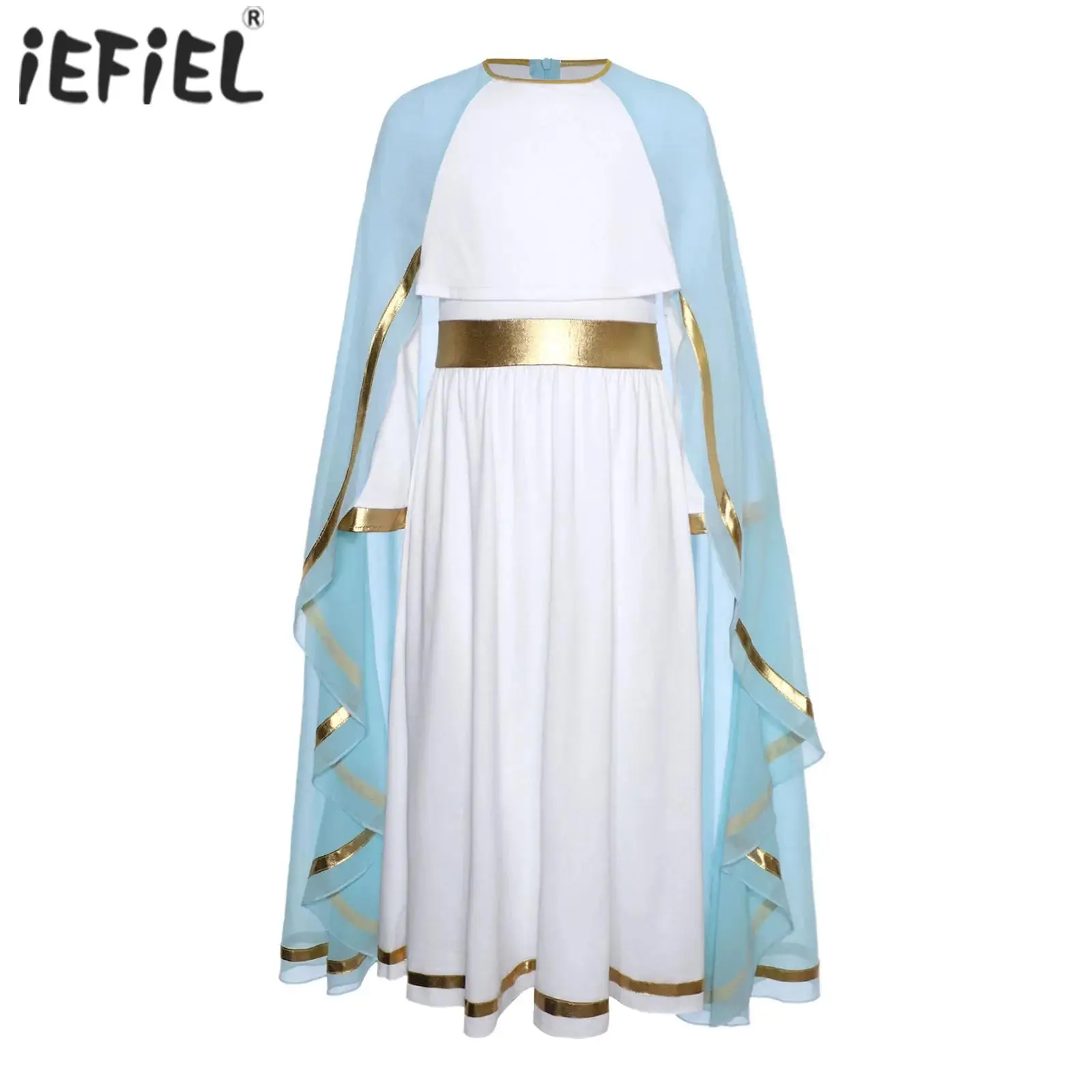 

Детские костюмы Девы Марии для девочек, праздничное платье для косплея на Хэллоуин, лоскутное платье с длинными рукавами и рюшами, накидка, карнавальное платье