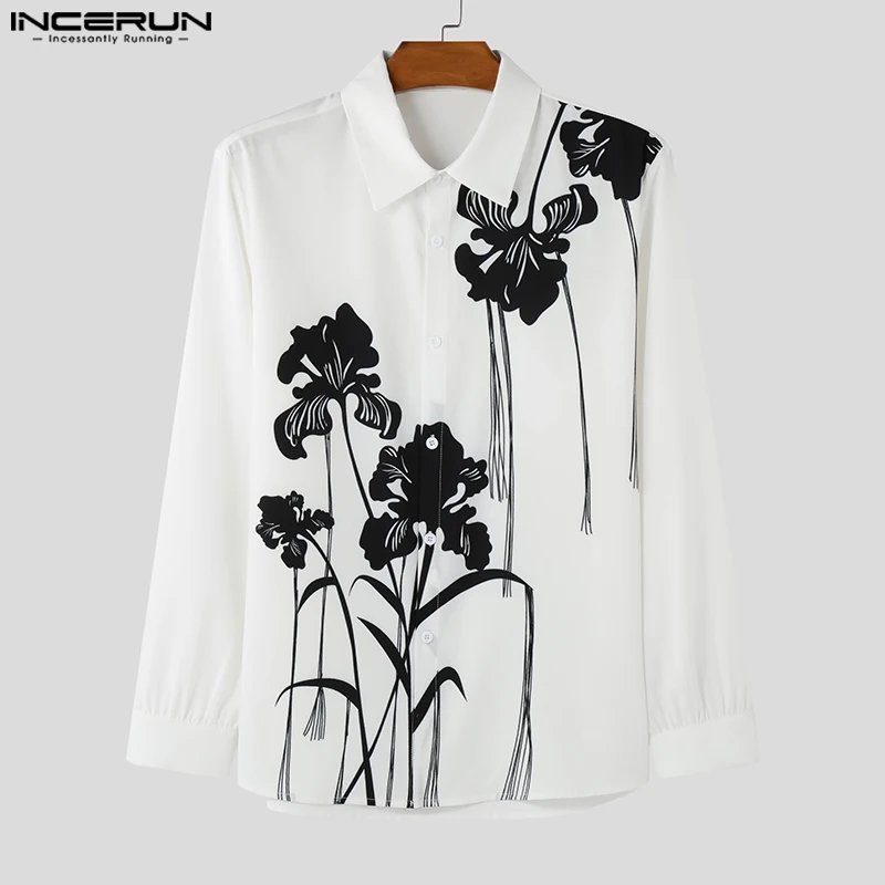 Männer Harajuku Langarm-shirt INCERUN Casual Blumen Druck Quaste Dekoration Hamdsome Tops Drehen Dwon Kragen Fashion Tees 2024