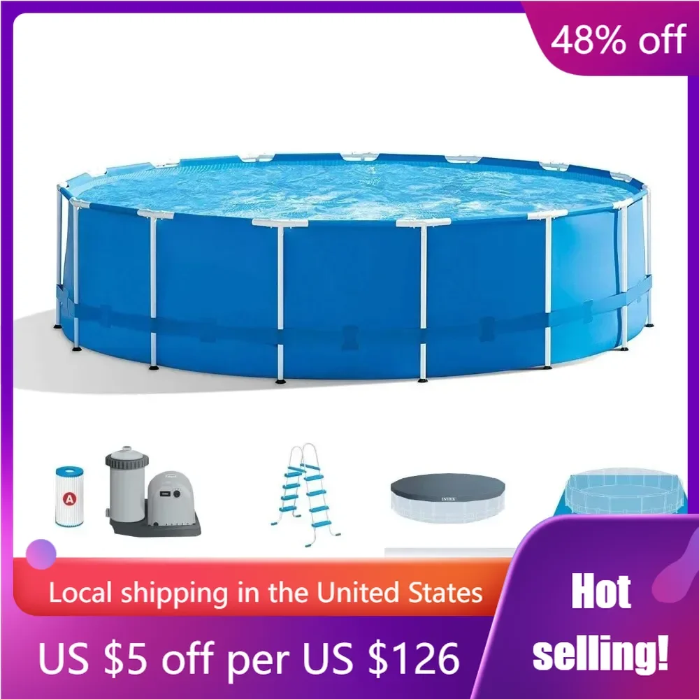 

28241EH 15ft x 48in Metal Frame Outdoor Above Ground Swimming Pool Set with Filter Pump, Ladder, Ground Cloth and Pool Cover