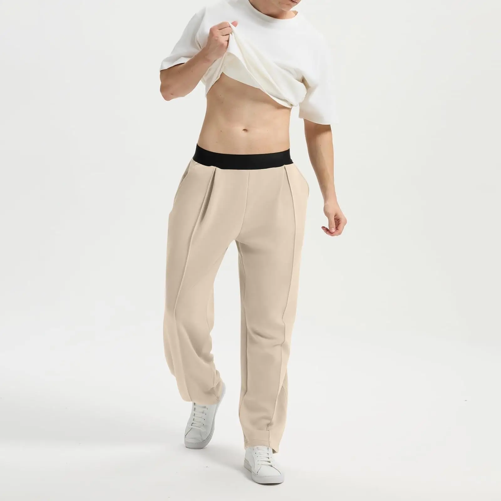 

Men's Pleated Wide Leg Suit Pants,Elastic Waist with Pockets,Casual Loose Straight Trousers,Lightweight for Work & Wear