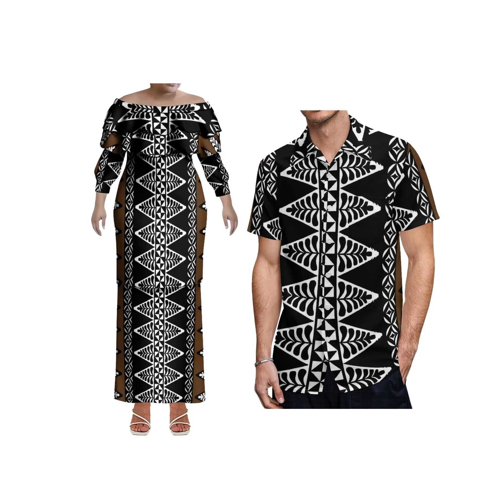 2025 novo estilo design personalizado fora do ombro xale vestido samoa puletasi vestido plus size feminino dupla camada babado vestido 2 peças