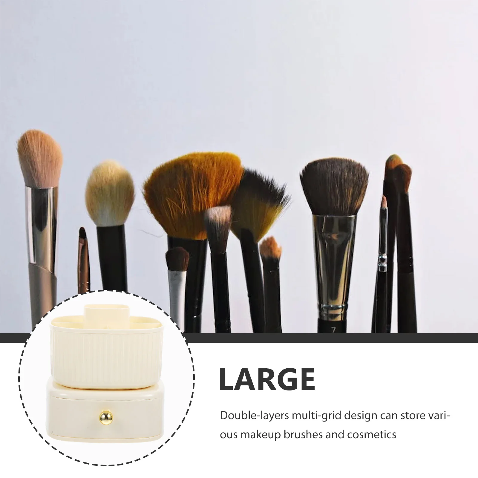 

Cream White 360 Degree Rotating Makeup Brush Storage Bucket Large Capacity Desktop Organizer Drawer Six Compartments