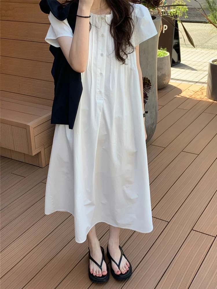 

Chic Simple Women's Dr Fre Bubble Sve Pleated Loose White Long Dr Gentle First Love Gown Korean Sle A-Line Skirt