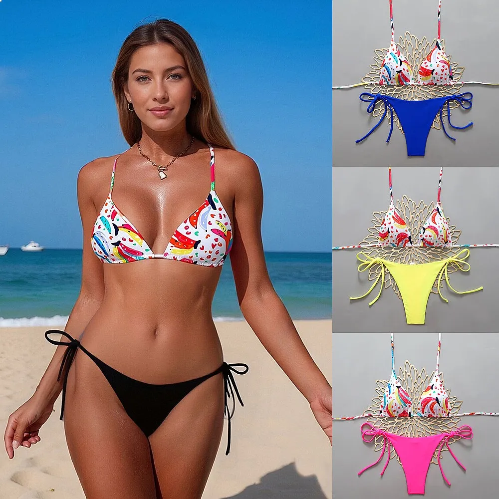 

2026 High Cut Tie Triangle Push Up Sexy Two Piece Bikini Set Padded Swimwear For Women Summer Beach Pool Bathing Suit