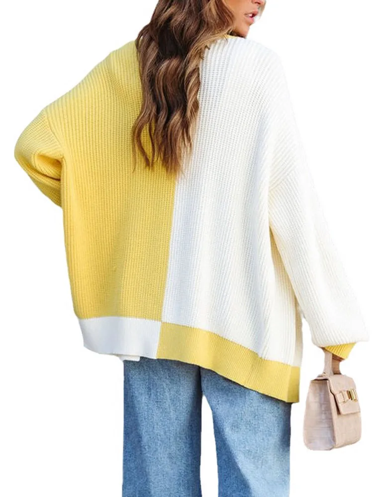 Contrast Color Knit Cardigan for Women 2024 Autumn Winter Warm Long Sleeves Sweater Oversized Loose Korean Female Coat