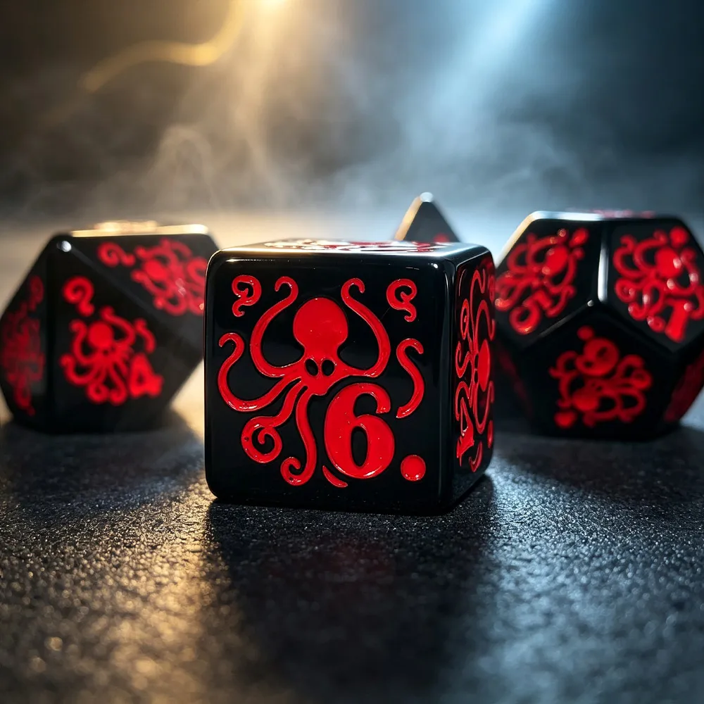 7Pcs Acrylic Dice Red Octopus Pattern Polyhedral DND RPG Tabletop Board Game Role‑Play Gaming Accessories