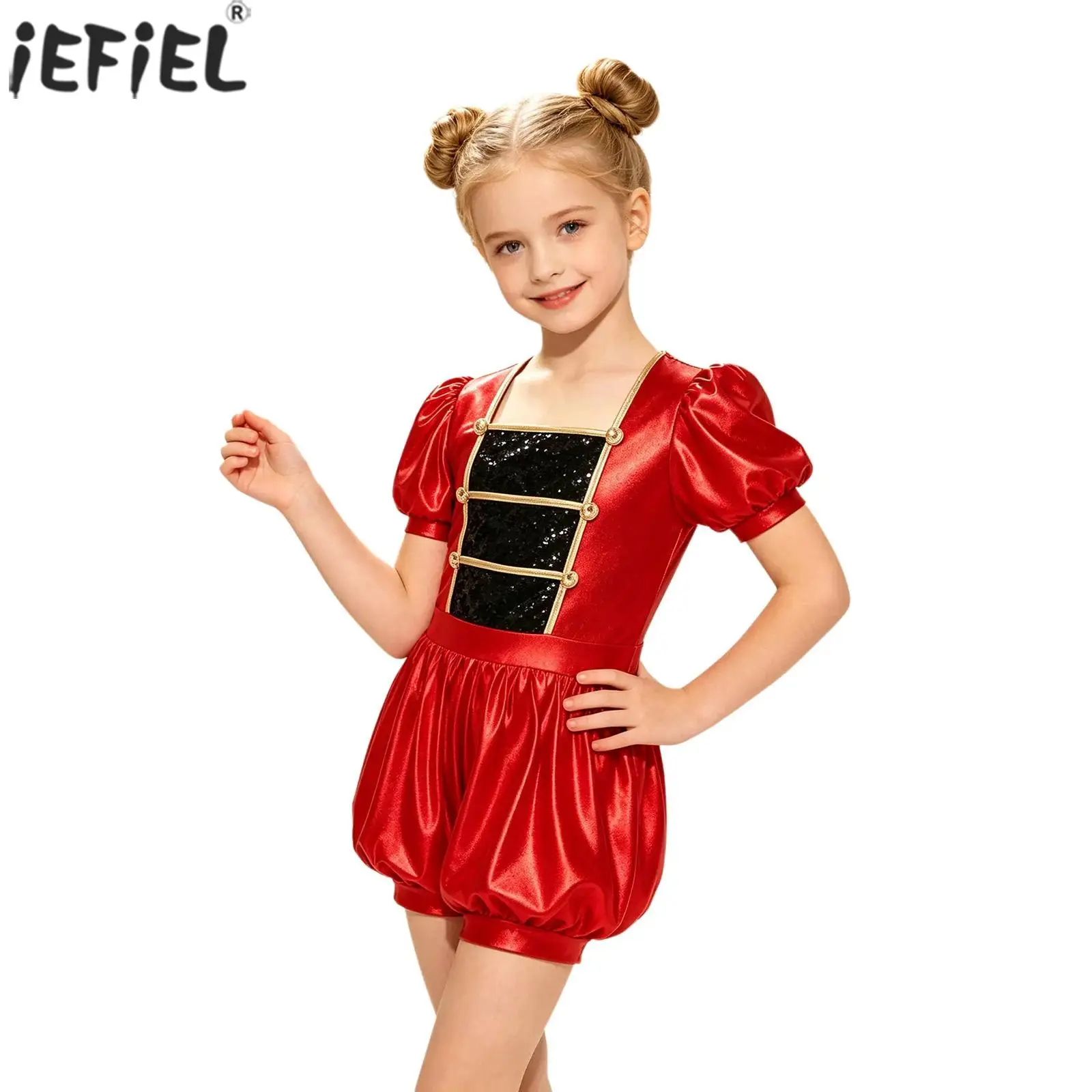 Kids Girls Circus Ringmaster Role Play Jumpsuit Halloween Cosplay Themed Party Dress Up Short Puff Sleeves Shiny Sequin Bodysuit
