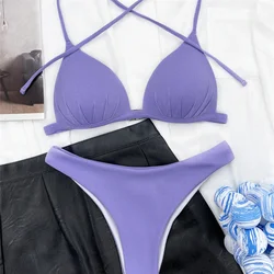 Zestaw Bikini Sexy purpurowy Halter Push Up stroje kąpielowe kobiety prążkowane stringi stroje kąpielowe wysokie cięcie kostium kąpielowy strój kąpielowy Biquinis