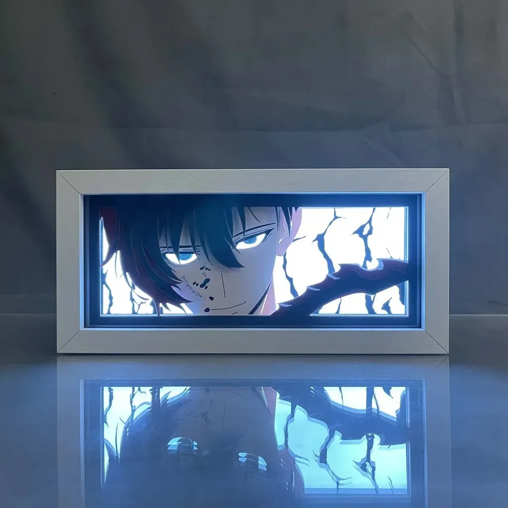 Anime Solo Leveling Figure Sung Jin Woo Led Light Paper Cut Shadow Box Room Atmosphere Lamp Ornaments Model Toy Gifts Dolls