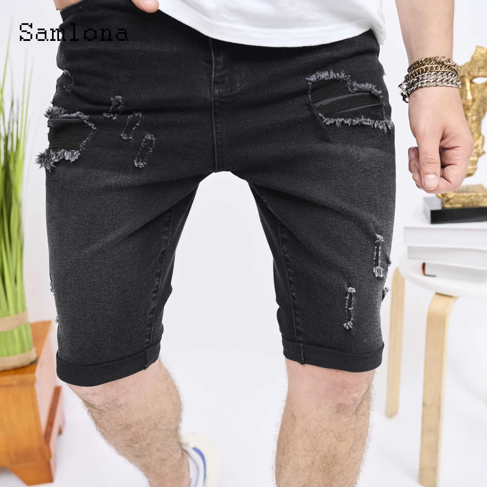 Samlona Men Casual Slim Knee-Length Demin Shorts Europe Fashion Zipper Pocket Short Jeans 2023 New Sexy Ripped Demin Shorts Man