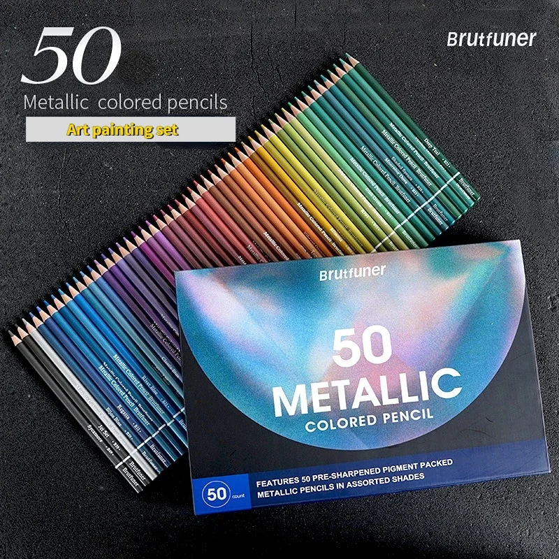 

Brutfuner 50pcs Metallic Colored Pencil Set Paper Box Set Soft Sketch Painting Pencil Art School Supplies Artist Coloring Set