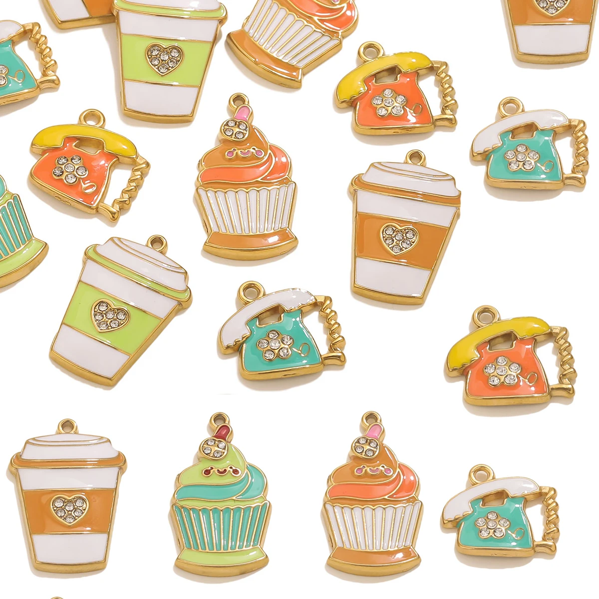 2PCS French Stainless Steel Enamel Ice Cream Mobile Phone Cup Pendant Charm DIY Small Jewelry Accessory Wholesale Discovery
