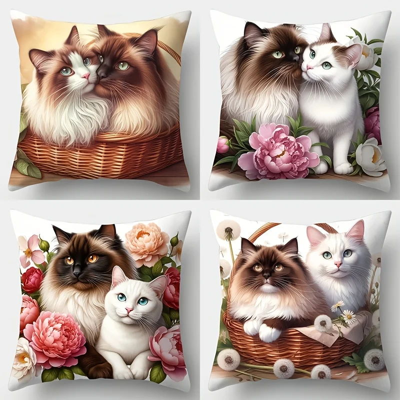 4-Pack Valentine's Day Cat Pillow Covers, Romantic Single-Sided Print Decorative Cushion Cases for Sofa and Holiday Decor