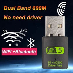 2in 1 bluetooth 600Mbps Wi-Fiアダプター,ワイヤレスドングル,デュアルバンド,2.4g/5ghz,USBネットワーク,wlan受信機ドライバー,無料