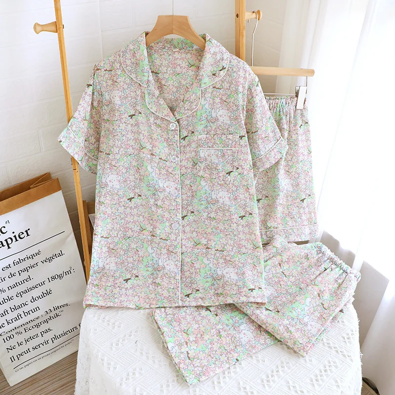 

Summer Pajamas For Women Pants Sets Night Wear For Ladies Pure Cotton Short Sleeve 3 Pieces Sleepwear Women's Pyjama