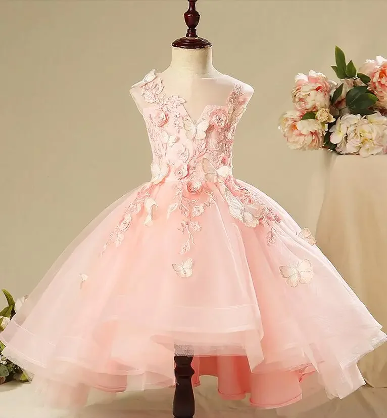 

Beaded Appliques Pink Tulle Girl Pageant Ball Gown Floral Flower Girl Dress For Wedding Girl Party Princess First Communion Gown