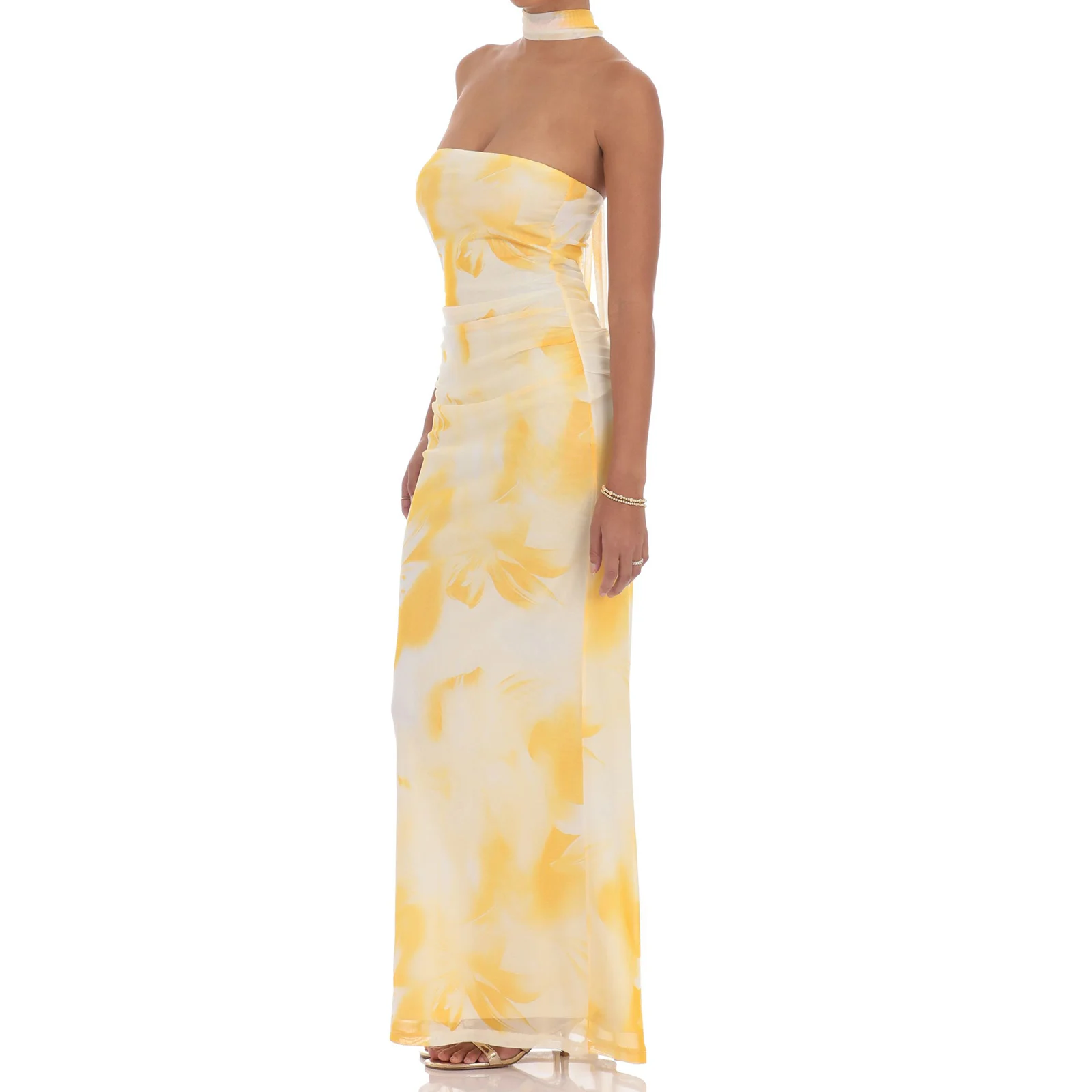 Abiti lunghi da donna con top a tubo estivo, motivo floreale, senza spalline, senza spalline, vestibilità slim, senza maniche, in rete con sciarpa al collo