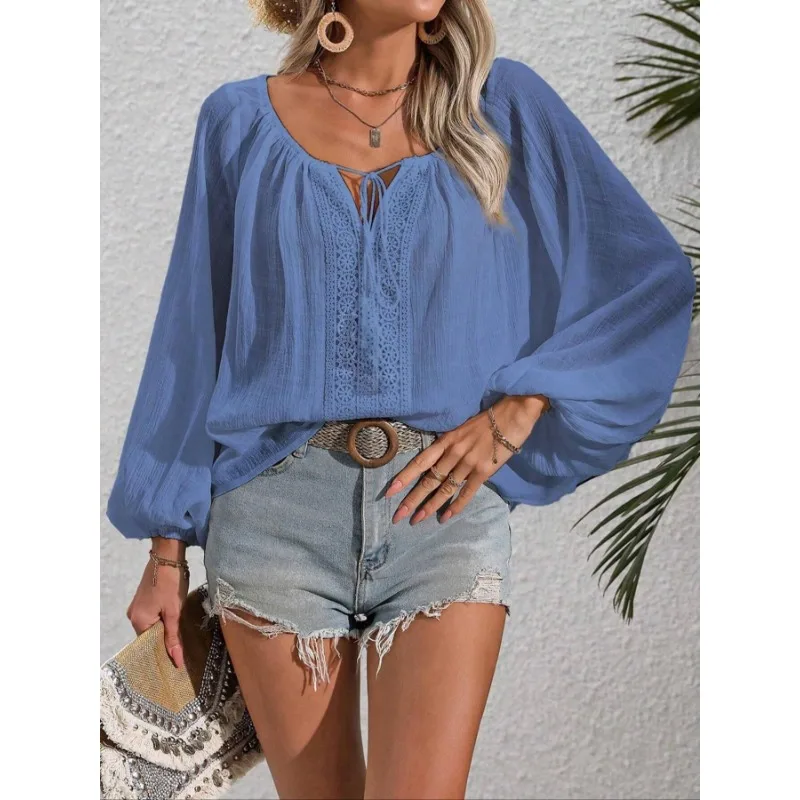 

Плюс размер 1XL-5XL, новые женские модные однотонные рубашки с длинным рукавом, блузка, женская винтажная кружевная женская одежда в отпускном стиле