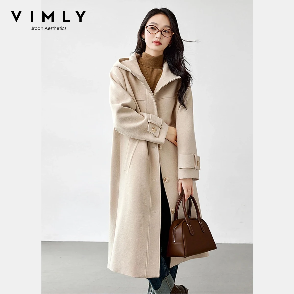 

VIMLY пальто с капюшоном, зимние женские длинные шерстяные женские куртки, элегантное утепленное зимнее пальто с хлопковой подкладкой 2025, M9300