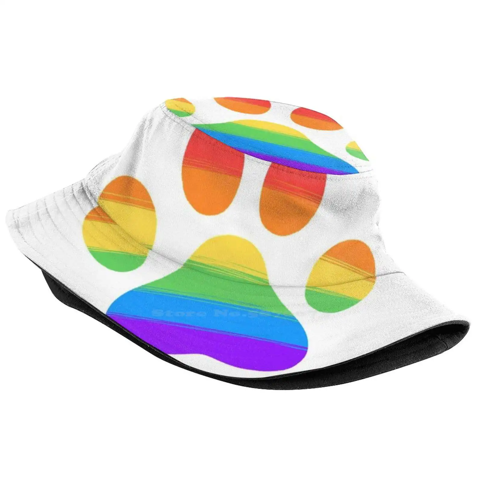 Rainbow Striped Paw Print Foldable Panama Bucket Hat Cap Paw Rainbow Pride Colorful Dog Cat Lady Love Kattvalk