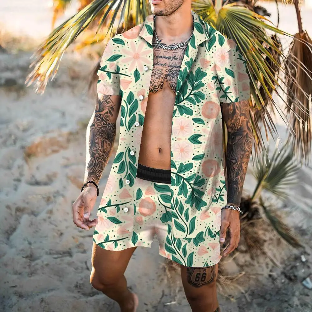 Hawaiian White Crane Print 2 Pieces Shirt Set 3D Printing Men's Suit Beach Short Sleeve Sportswear Daily Shirt Set Two Pieces