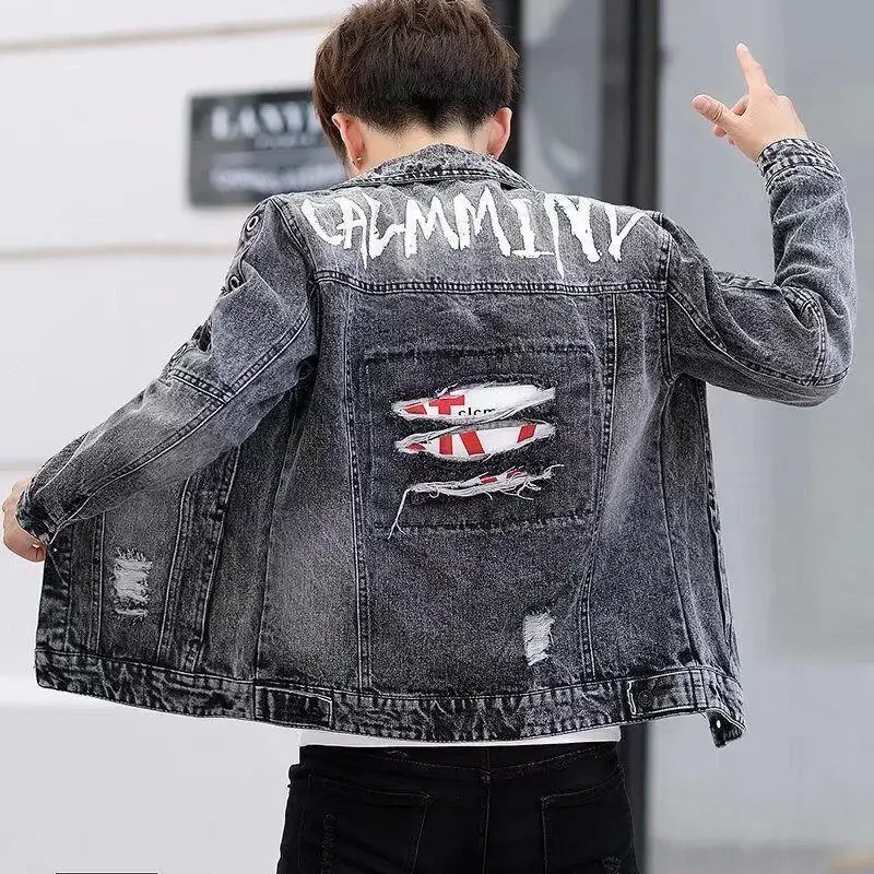 Biker Men's Denim Jacket Motorcycle Male Jean Coats Gray Punk Autumn Button of Fabric Casual Low Cost Trendy in Lowest Price G