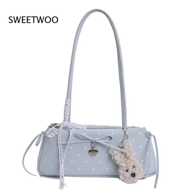 Trendy Polka Dot Shoulder Bag with Lace Accent Teddy Charm and Long Handle for All-Day Carry 2026
