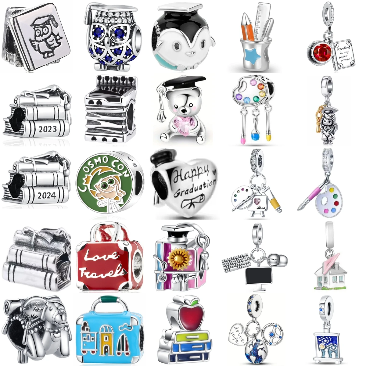 Breloques de voyage en argent S925 pour la remise des diplômes : Hibou, Pingouin, Livre, Palette, Ours, Valise, Globe, Professeur, Pomme – Cadeau de bijoux