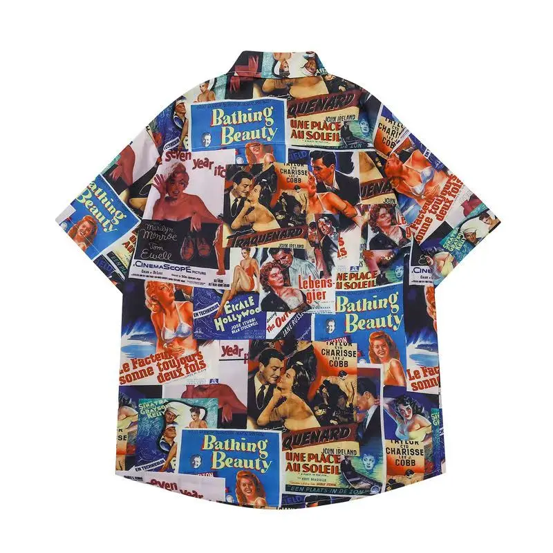 Y2K Summer New Vintage Oversized Shirt Fashion Men Hawaiian Short Sleeve Shirt Mens Poster Print Beach Shirts Chemises Hommes 셔츠