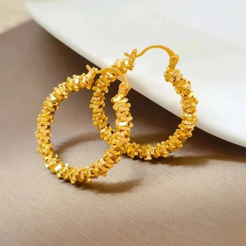 Women's 24K Gold (AU999) Minimalist Fragment Hoop Earrings | 3D Relief Fragments, Hammered Galaxy Texture with Turquoise Inlays