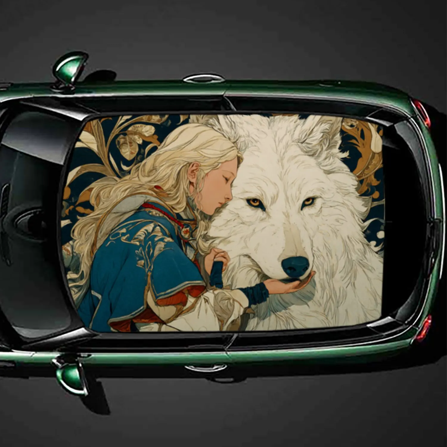 

Retro Character and Wolf Car Roof Sticker, Auto Vinyl Wraps Decal, Self-adhesive Waterproof Car Exterior Accessory, Unique Car D