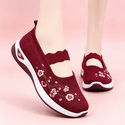 Breathable Comfortable Slip on Mesh Knit Platform Shoes Women Mary Janes 2024 Fall Embroider Casual Walking Shoes Flats for Mom